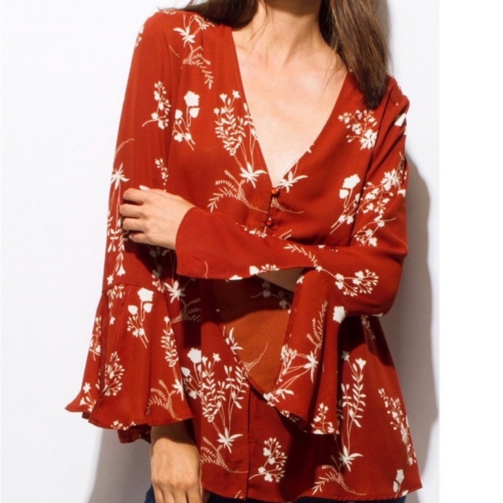 Lightweight transitional floral button up Top Blouse with fluted sleeves